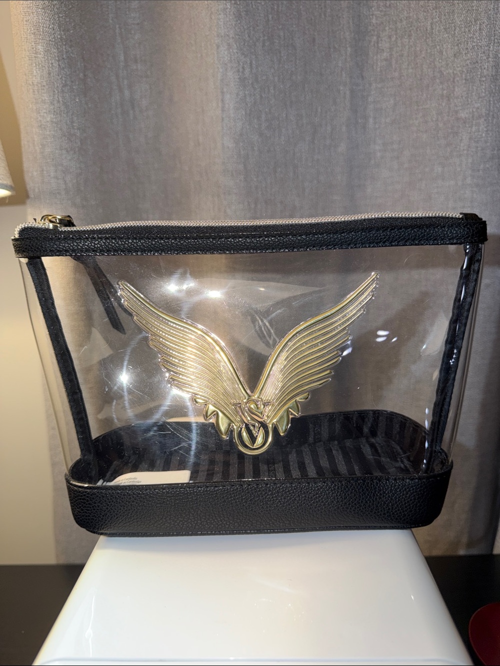 Victoria's Secret Clear Cosmetic Bag with Gold Wing Accent and Black Trim